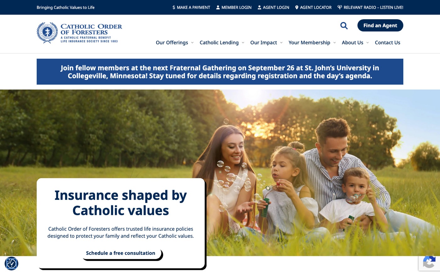 Catholic Order of Foresters homepage above the fold on desktop